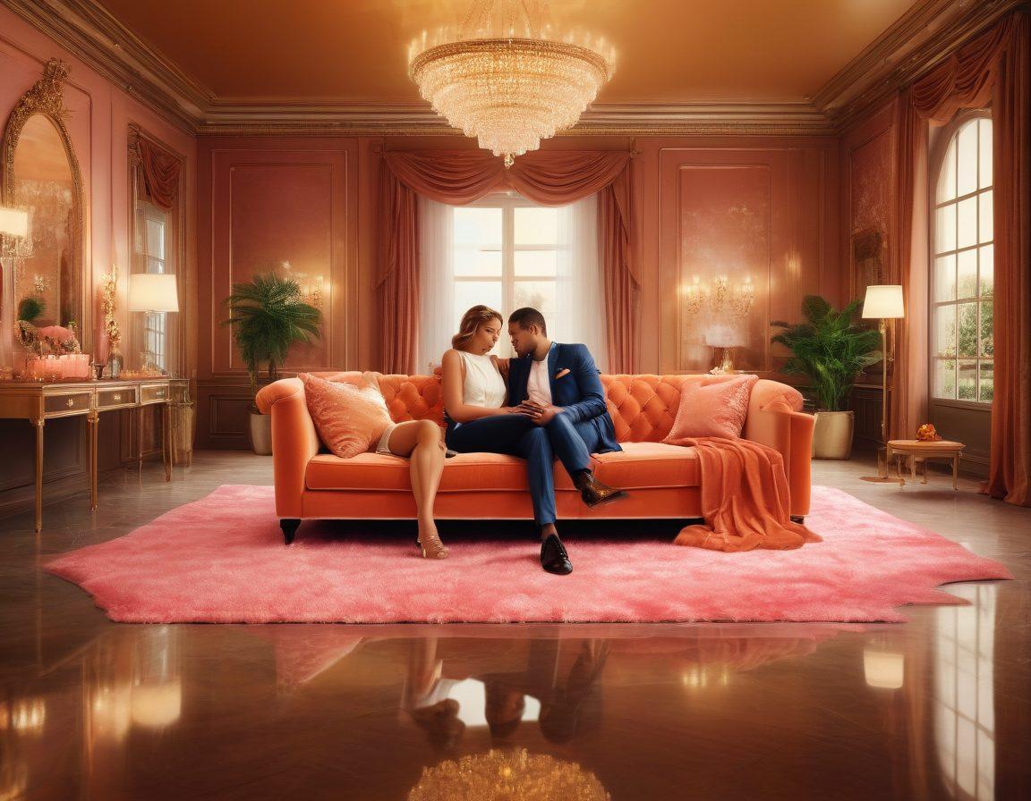 An elegant, modern digital collage featuring a luxurious setting where a couple is enjoying a lavish lifestyle together. Include elements like a sleek smartphone displaying social media feeds, expensive gifts, and a cheerful atmosphere symbolizing happiness. Use warm, inviting colors and glamorous lighting effects to convey romance and success, reflecting the essence of sugar daddy relationships. super-realistic. vibrant colors.