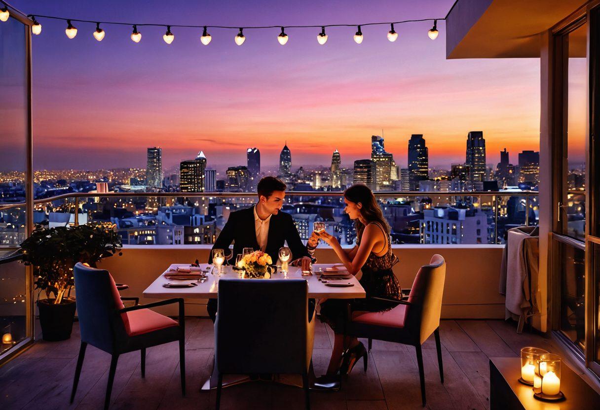 A luxurious city skyline at sunset with a couple enjoying a fine dining experience on a rooftop terrace, surrounded by elegant decor and soft fairy lights. In the foreground, subtle imagery of social connections, such as intertwined hearts or digital chat icons, symbolizing happy connections in sugar daddy dating. The overall mood is vibrant and sophisticated, capturing the essence of romance and luxury. super-realistic. vibrant colors. twilight setting.