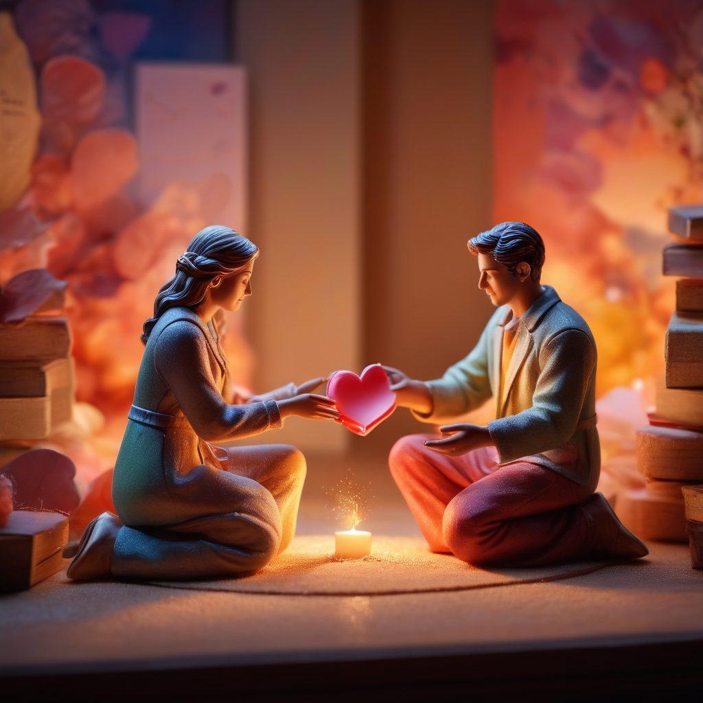 A cozy, intimate setting featuring two figures engaged in a heartfelt conversation, surrounded by exclusive content like personalized love notes and curated gifts. Soft lighting illuminates the scene, creating a warm and inviting atmosphere, with symbols of connection like intertwined hands and hearts subtly integrated into the background. The figures should represent diversity, showcasing the universal appeal of sugar dynamics. vibrant colors. super-realistic. soft focus.
